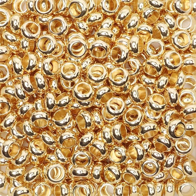 300 acrylic large hole beads for crafts 4mm x 12mm acrylic barrel beads with 5.7mm large hole, shiny gold rondelle