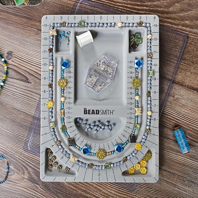 The Beadsmith Bead Board with Cover, Grey Flocked, 3 U-Shaped Channels, 6 Recessed Compartments,13.25H x 9.75L inches, Design Boards for Creating Bracelets, Necklaces and Other Jewelry
