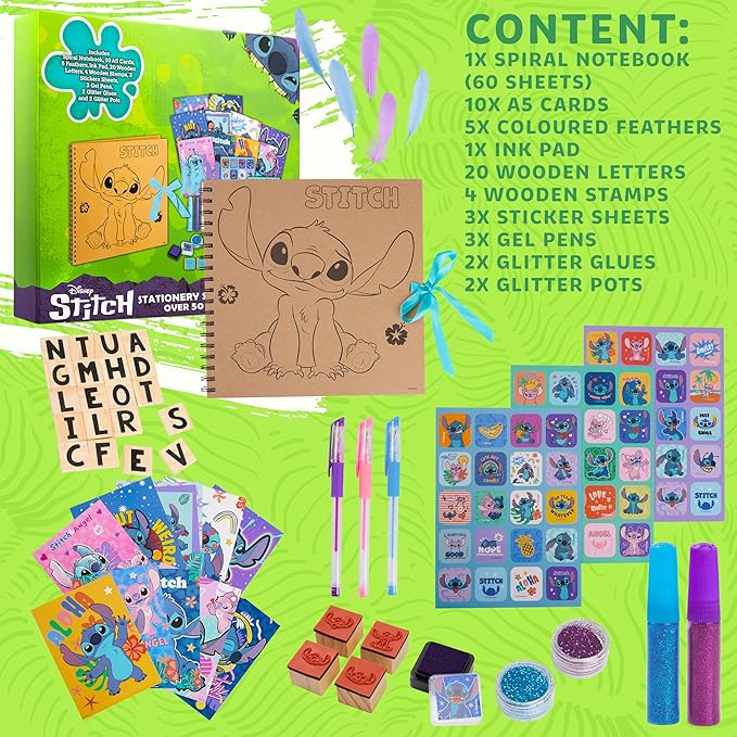 Disney Stitch Scrapbook Kit for Kids Teenagers Craft Set Art Supplies Stickers Feathers Stamps Gel Pens - Gifts for Girls