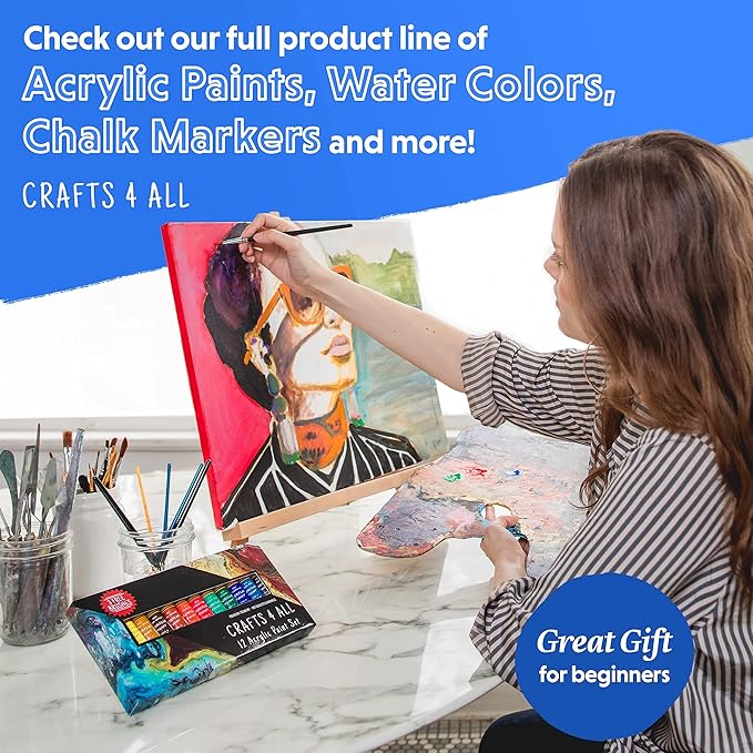 Crafts 4 All Acrylic Paint Set - Art Paints for Canvas, Model Painting, Wood, Ceramics and Fabric - Craft Supplies with 3 Artist Brushes for Adults & Kids, 12 Pack, 12mL
