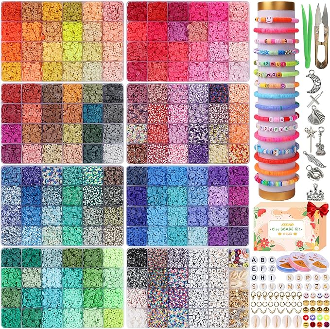 XSEINO 37300+ Pcs Clay Beads Bracelet Making Kit,8 Boxes 180 Colors Friendship Charms Kit Flat Polymer Heishi Beads with Rich Jewelry Making Accessories for Crafts Christmas Gifts