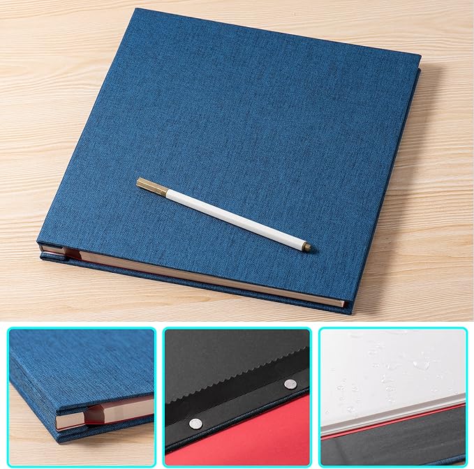 Large Photo Album Self Adhesive 4x6 8x10 10x12 13"x12.8" Magnetic Scrapbook Album 12.6"x11" Inch 40 Pages Linen Cover DIY Photo Album with A Metallic Pen and DIY Stickers(Blue)