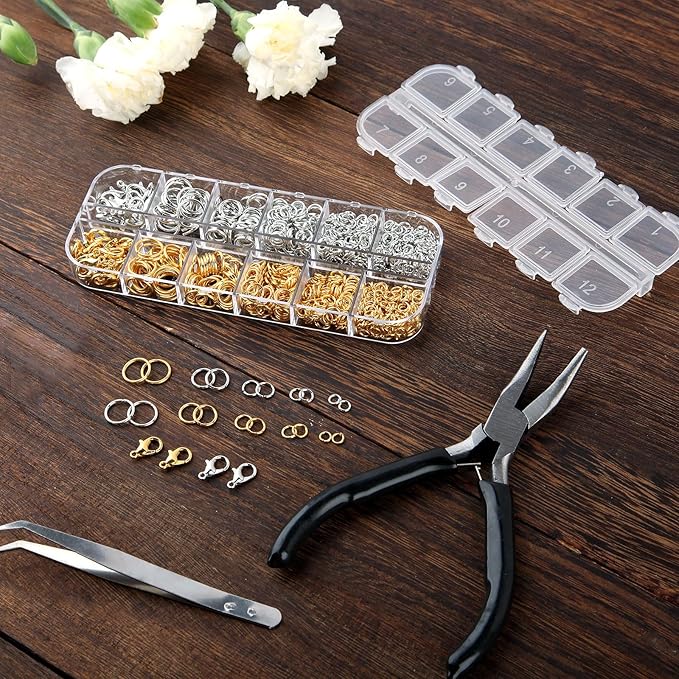 1200Pcs Silver and Gold with Pliers Jump Rings Jewelry Making Kit and Necklace Clasps Kit ,for Jewelry Making and Necklace Repair Supplies