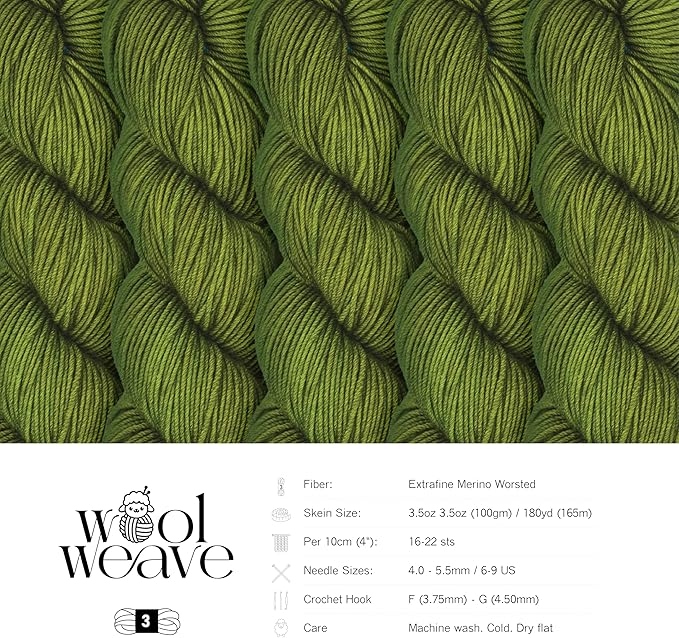 Superwash Merino Wool Yarn for Knitting & Crocheting - Premium Hand Dyed Green Yarn, 100gr, 240 Yards, Dk Weight - Luxurious, Soft & Durable