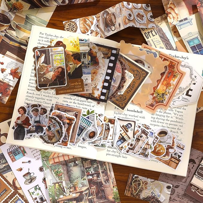 Scrapbooking Supplies Kit, Coffee Aesthetic Vintage Scrapbook Kit for Bullet Junk Journal A6 Grid Notebook Stationary Journaling Supplies DIY Craft Birthday Holiday Gifts for Women Kid Teen Girl