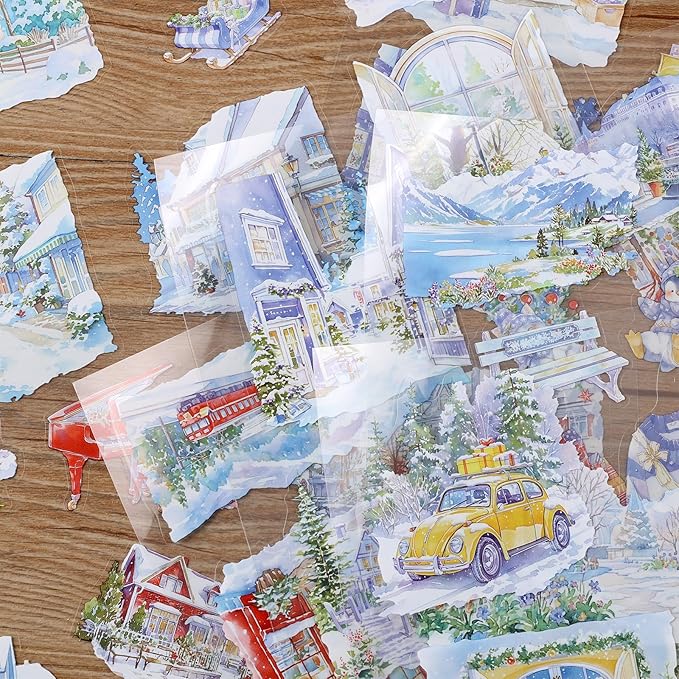 PET Winter Landscape Stickers 20 Sheets 150 Pre-Cut Stickers for Scrapbooking Scrapbook Supplies Transparent Sticker for journaling