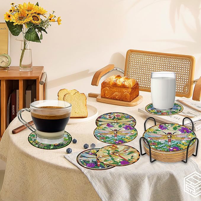 Dragonfly Diamond Art Coasters Kit, 8 Pcs Stained Glass Style Diamond Painting Coaster for Adults Beginners, Coaster Making Kits with Holder Cork Pads, DIY Project for Home Christmas Ornaments Gifts