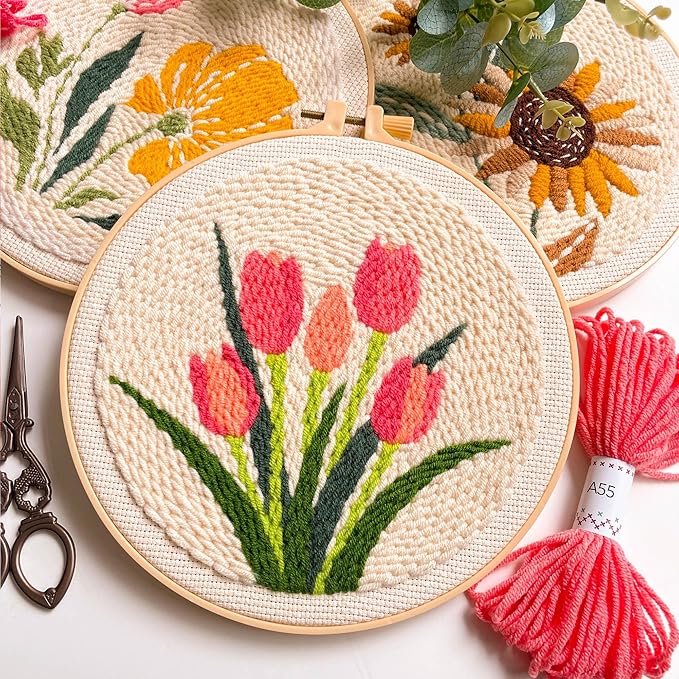 Myfelicity Punch Needle kit,Tulip Embroidery Kit - Punch Needle DIY Craft Set with Vintage Tulip Design, Perfect for Handmade Decor & Floral Stitching Projects