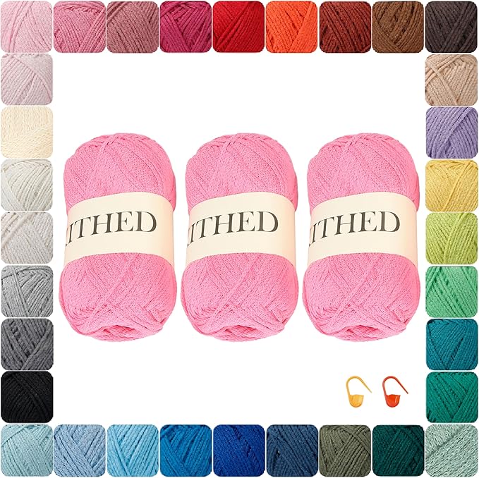 Cotton Chainette Yarn,4 Medium (Worsted)-10oz,3 Pack,Knitting Yarn for Beginners,Thicker for Crocheting and Knitting (07 Pink)