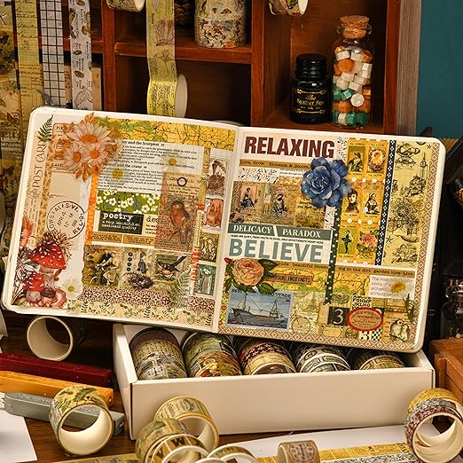 36 Rolls Vintage Washi Tape Pack Retro Arts Adhesive Tapes Wide Chronicle Decorative Masking Tape Sets for Craft, Kids, Scrapbook, DIY, Gift Wrapping (Sophia's Letters)