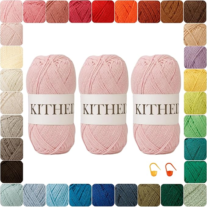 Cotton Chainette Yarn,4 Medium (Worsted)-10oz,3 Pack,Knitting Yarn for Beginners,Thicker for Crocheting and Knitting (20 Baby Pink)
