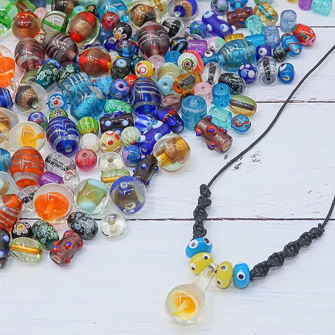Fun-Weevz Assorted Glass Beads for Jewelry Making Adults, Bulk Glass Beads for Crafts, Lampwork Murano Bead Mix for Bracelets and Necklaces, Crafting Beads Supplies Kit, Large & Small Beads
