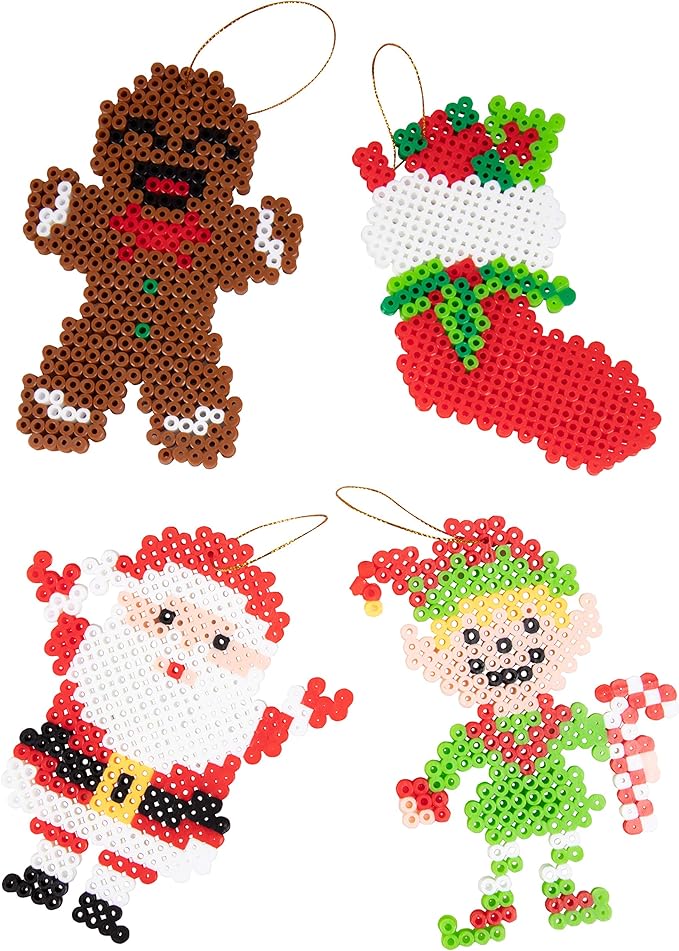 10,000-Piece Holiday Fuse Bead Kit for DIY Xmas Ornaments - 8 Unique Christmas Designs w Peg Boards, Tweezers, Ironing Papers - Great for Homemade Ornaments, Holiday Classroom Parties Family Activity