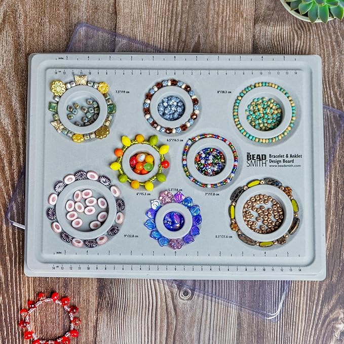 The Beadsmith Elements Bracelet & Anklet Design Bead Board –13.75 x 10.75 x 1 Inches – Removable Transparent Cover – Flocked Surface, Multiple Channels & Printed Ruler – for Jewelry Making