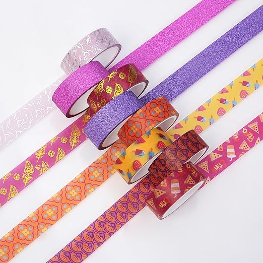 Mr. Pen- Washi Tape Set, 10 Rolls, 15mm Wide, 5 Yards/Roll, Summer Fiesta Design (Glitter, Silver & Gold Foil), Washi Tape for Journaling