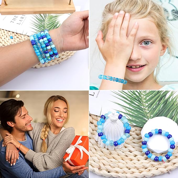 Blue Pony Beads for Bracelet 1000 Pcs Friendship Bracelets Beads 6x9mm Plastic Beads for Hair Braiding Transparent Glittering Beads for Necklace Earrings Jewelry Making (5 Blue Series)