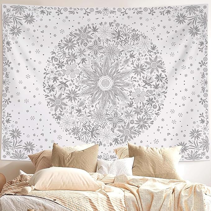 neasow bohemian tapestry wall hanging, gray floral tapestry with dotted daisy medallion print bedroom boho hippie home decor, 36x48 inches