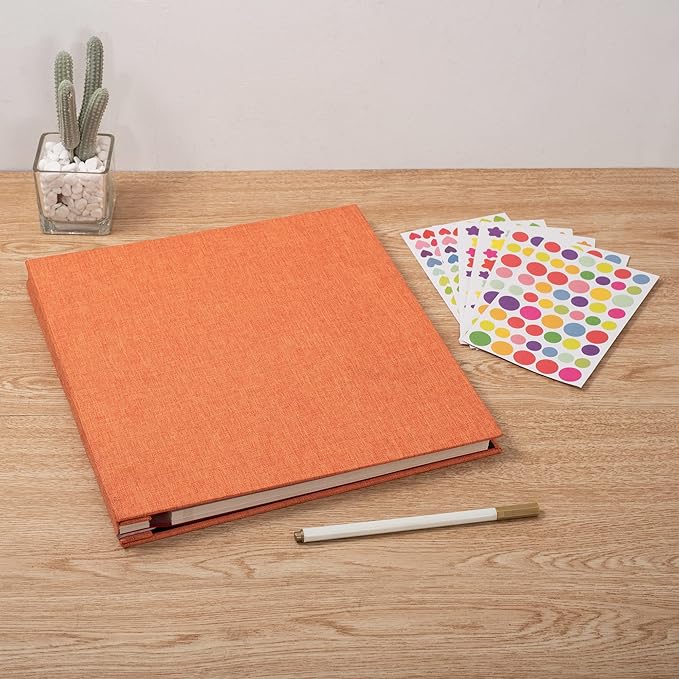Large Photo Album Self Adhesive for 4x6 5x7 8x10 Pictures Magnetic Scrapbook Album 20 Sheets / 40 Pages Linen Cover DIY Photo Album with A Metallic Pen and and Plastic Board(Orange)
