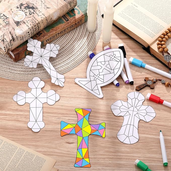 Frienda 36 Pcs Easter Cross Window Suncatchers Crafts Kit Christian DIY Window Clings Stickers Religious Arts Crafts with 10 Markers for Home Activities Decor