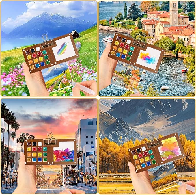 Mini Watercolor Paint Set, Pocket Watercolor Travel Set, Portable Travel Watercolor Palette Kit with Paint, Brush, Sketchbook, Copper Clip and Storage Bag for Beginners Artists Painting Enthusiasts