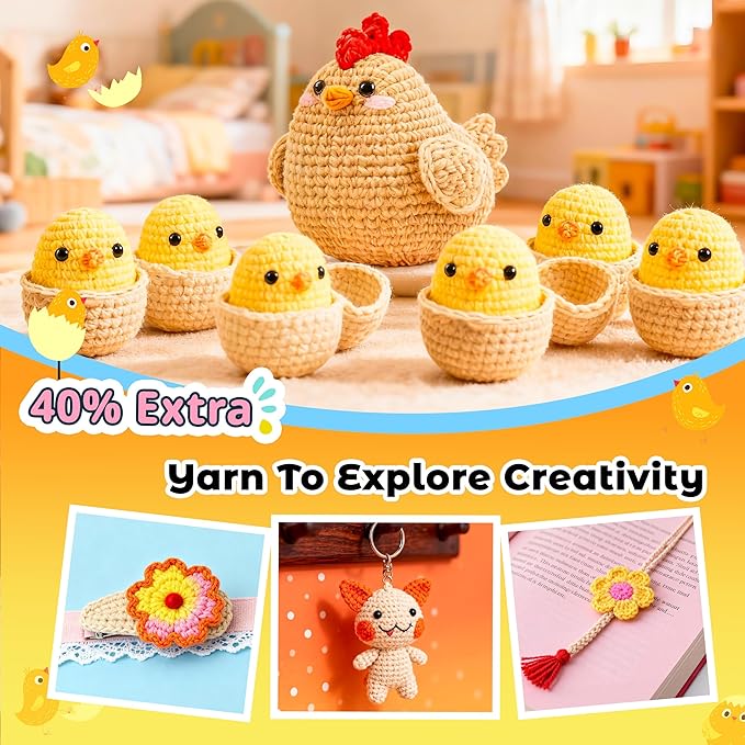 Joyclub 4 Pcs Crochet Kit for Beginners Crochet Starter Kits for Adults and Kids Great Easter Gifts for Crocheting Lovers with Step by Step Video Amigurumi Chicken Family Knitting Kit DIY Craft