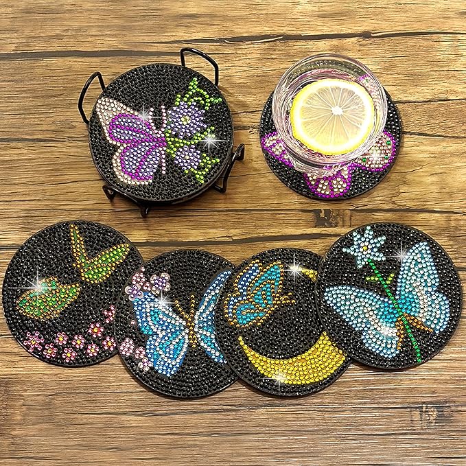 Vcekract Diamond Painting Coasters, 6 Pcs Butterfly Diamond Painting Coasters with Holder, Diamond Art Kits for Adults