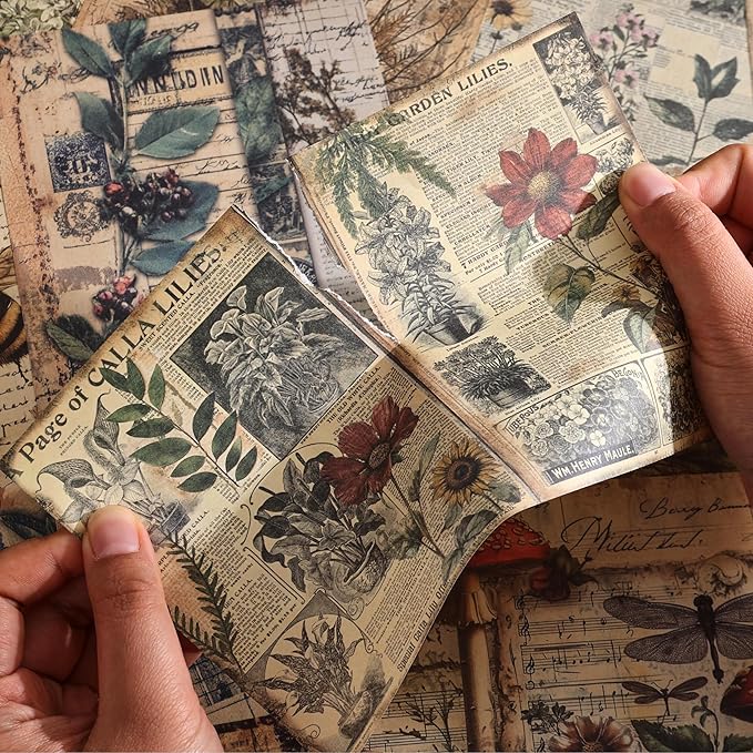 120 Sheets Vintage Botanical Scrapbook Paper Set, Journaling Scrapbooking Supplies Craft Decoupage Papers Kit, 4 Themes x 30 Mushroom Floral Antique Letter Design for Junk Journals Collage Card Making