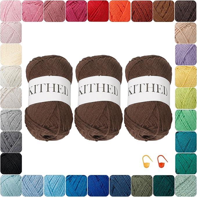 Cotton Chainette Yarn,4 Medium (Worsted)-10oz,3 Pack,Knitting Yarn for Beginners,Thicker for Crocheting and Knitting (15 Dark Coffee)