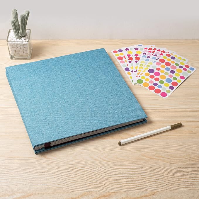 Large Photo Album Self Adhesive 4x6 8x10 10x12 13"x12.6" Scrapbook Album 12.6"x11" Inch 60 Black Sticky Pages Linen Cover Magnetic Photo Album with A Metallic Pen and DIY Stickers(Sky Blue)