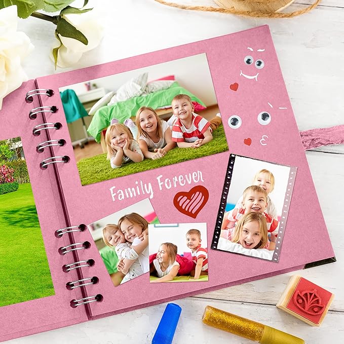 Bstorify Square Scrapbook Photo Albums 7 x 7 Inch Pink Thick Paper, Hardcover, Metal Corners, Ribbon Closure - Ideal for Your Scrapbooking Albums, Art & Craft Projects