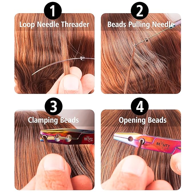 Beauty & Crafts Micro Links Hair Extensions Kit- Stainless Steel Beads Closer and Remover plier, Hair Extensions Loop Needle Pulling Hook, Bead Tool for Hair or Feather Extensions with Leather Pouch