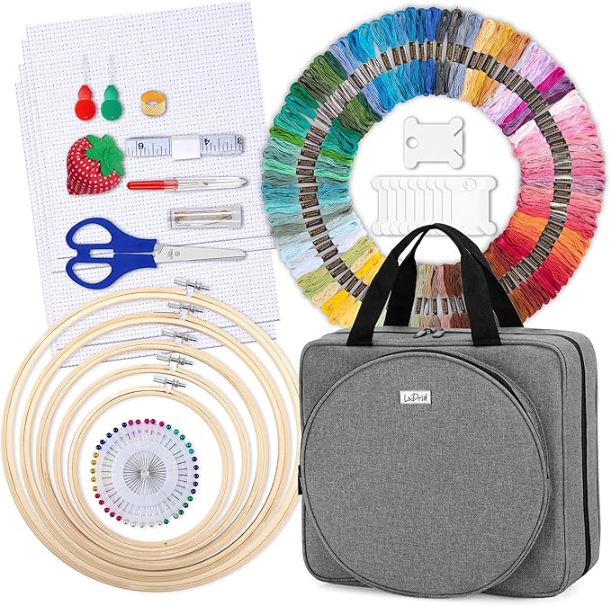 LoDrid Embroidery Kit, Embroidery Project Bag with Embroidery Kit, Portable Craft Carry Case with Starter Kit, Embroidery Supplies Storage Bag and Cross Stitch Kits for Beginners, Adults, Gray