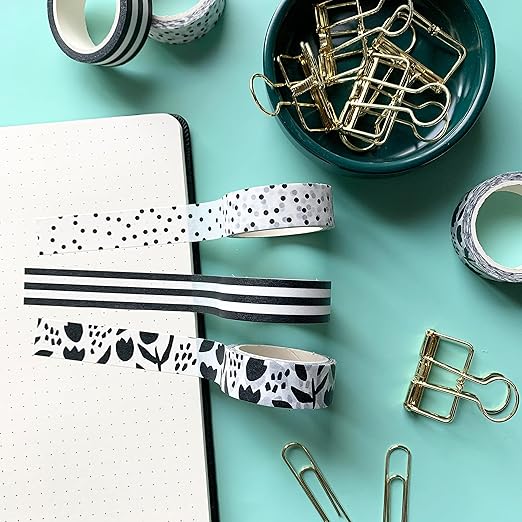 Washi Tape Set of 12 Rolls of 15 mm Wide Cute Decorative Washi Tape for Journaling, Scrapbook, Washy Crafts, Bullet Journals, Planners, DIY Décor, Craft Supplies For Adults & Kids (Black and White)