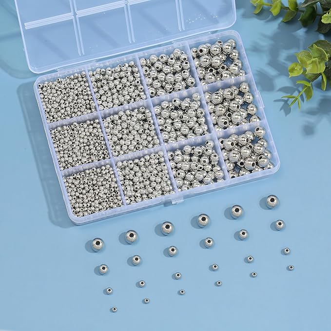 Silver Beads 1100 Pcs Smooth Round 3/4/6/8mm Silver Filled Beads for Bracelet Jewelry Making
