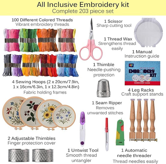 keff craft embroidery kit for beginners - 100 embroidery thread colors, 4 hoops, scissors, needles, pins, blank fabrics & tools – cross stitch supplies, cross stitch kits, arts and crafts for adults