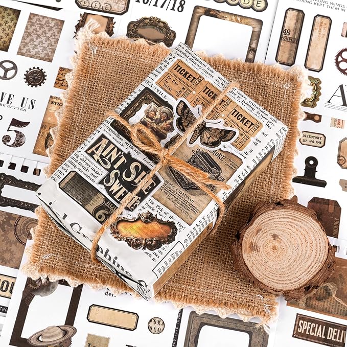 Pre-Cut Vintage Sticker for Journaling, 595PCS - 50 Sheets Washi Brown Scrapbooking Stickers, Ephemera for Junk Journal Supplies DIY Crafts Dark Academia Stickers for Adults