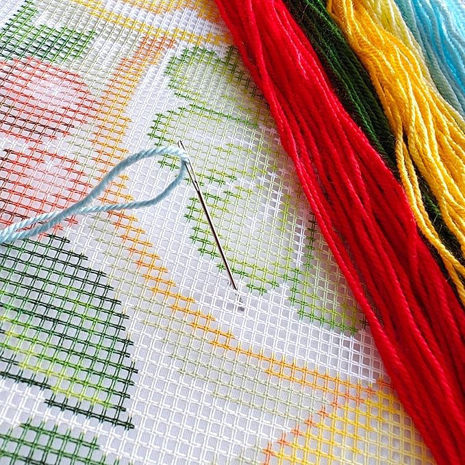 Brvsk Needlepoint Kit for Adults and Beginners — Fruity Fiesta 16″ × 16″ with Clear, Precise Printed Design on Cotton Canvas; Includes 2 Needles, Yarn, and Easy-Read Chart
