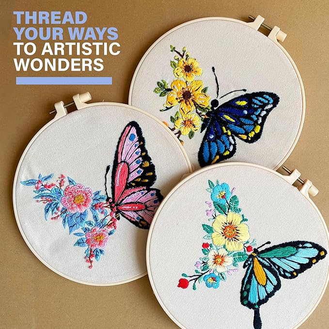 Butterfly Embroidery Kit for Beginners – DIY Embroidery Set with 3 Hoops, Colorful Stamped Patterns, Needles, Thread, Scissors – Hand Embroidery Kit for Adults, Teens, Women – Easy Cross Stitch Craft