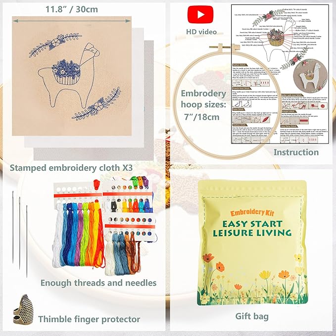 3 pack embroidery kit for beginners adults, adult starter cross stitch kit needlepoint complete diy kit with unique patterns, hoop, colorful threads, tools, step by step instructions & video tutorial
