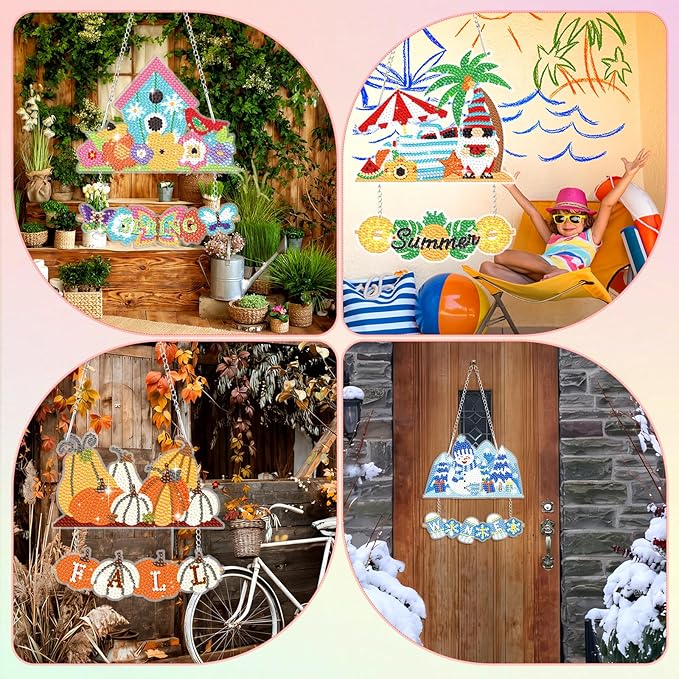 Cinnvoice 12 Pcs Seasonal Diamond Art Wreath Kits Holiday 5d DIY Diamond Art Hanging Signs Winter Spring Ornaments for Wall Door Decoration(Holiday)