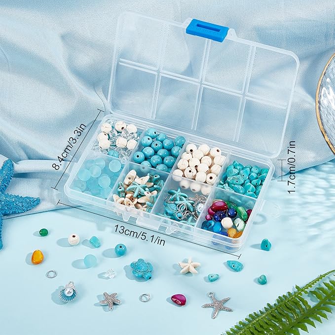 SUNNYCLUE 1 Box 6 Pcs Boho Style 8mm Summer Ocean Turtle Beads Adjustable Beading Bracelet Making Kit Synthetic Turquoise Starfish Beads for Jewelry Making Sea Shell Charms Alloy Starfish Charm