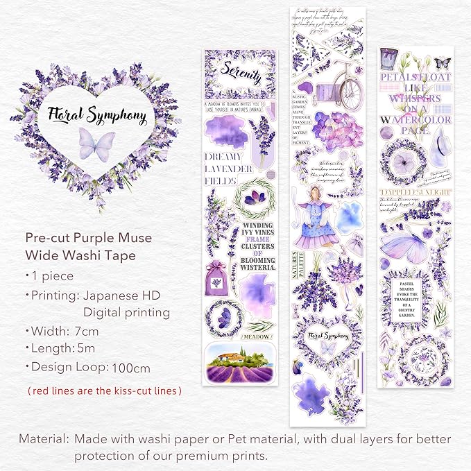 WT Pre-Cut Purple Muse Wide Washi Tape – Soft Purple Florals & Poetic Accents, 70mm×5m, Artistic Tape for Journaling, Scrapbooking, Planner & DIY Crafts
