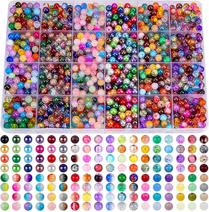 XSEINO About 144 Colors 1200PCS 6mm Glass Beads Bracelet Making Set, Colored Glass Beads in Six Styles for Bracelet, Jewelry and DIY Craft Making