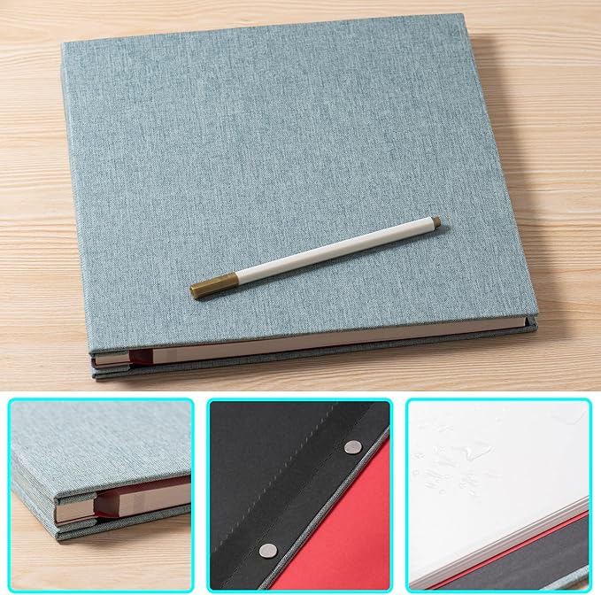 Large Photo Album Self Adhesive 4x6 8x10 10x12 13"x12.8" Magnetic Scrapbook Album 12.6"x11" Inch 60 Sticky Pages Linen Cover DIY Photo Album with A Metallic Pen and DIY Stickers(Green)
