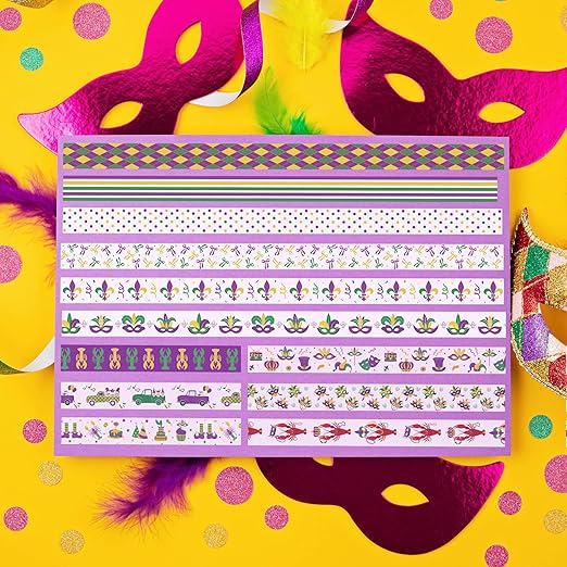 Mardi Gras Washi Tape - 12 Rolls Waterproof Residue Free Adhesive with Masks Crowns Beads in Traditional Purple Green Gold for Scrapbook, Gift Wrapping, Journal Decor, Party Supplies