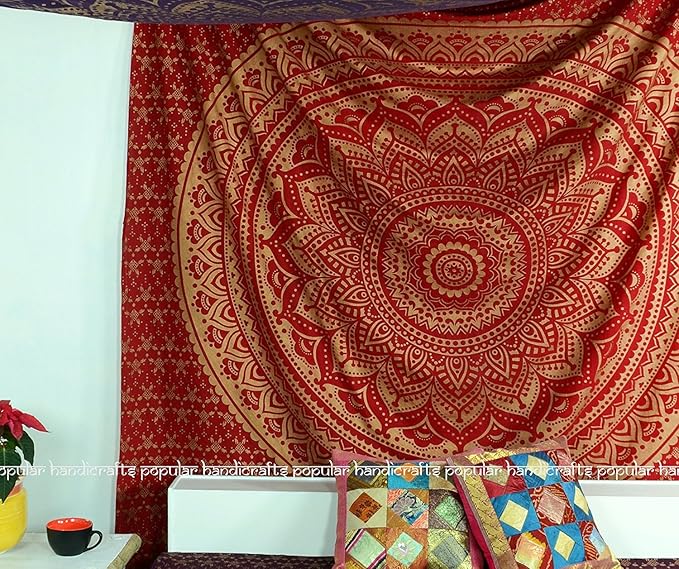 popular handicrafts tapestry wall hanging hippie ombre mandala bohemian hippymetallic shine intricate indian tapestries bedspread 84 x 90 inches (215cm x 230cm) red yellow