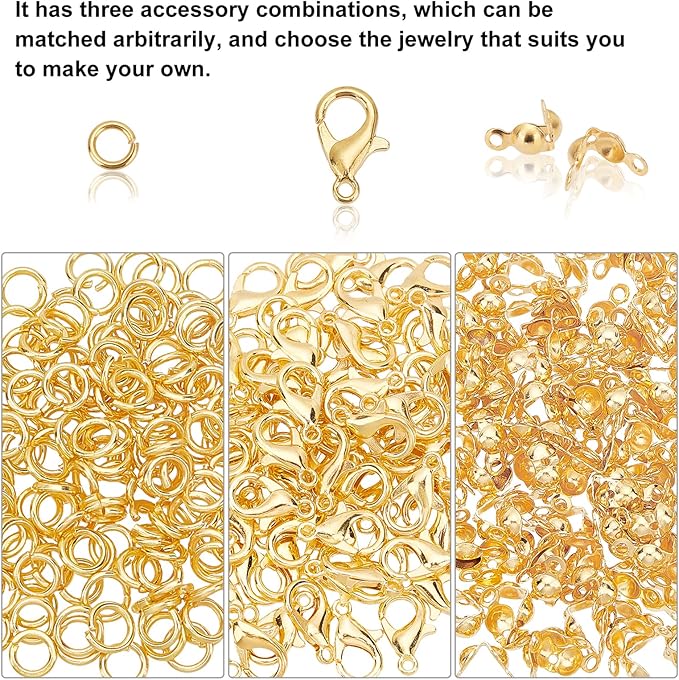 PH PandaHall 500pcs Jewelry Making Accessory Set 200pcs 4mm 21 Guage Open Jump Ring 100pcs 12x6mm Lobster Claw Clasp 200pcs 7mm Bead Tips Knot Covers for Earring Bracelet Jewelry Making, Gold