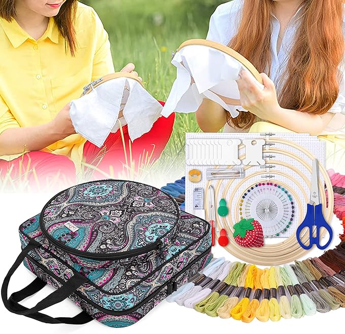 LoDrid Embroidery Kit, Embroidery Project Bag with Embroidery Kit, Portable Craft Carry Case with Starter Kit, Embroidery Supplies Storage Bag and Cross Stitch Kits for Beginners, Adults, Totem