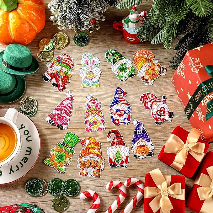 Frienda 12 Pcs Diamond Art Magnets Refrigerator Diamond Painting Magnets Seasonal Gnome Easy Kits Interchangeable for Adults Beginners DIY Gnome Home Decors Gifts Craft