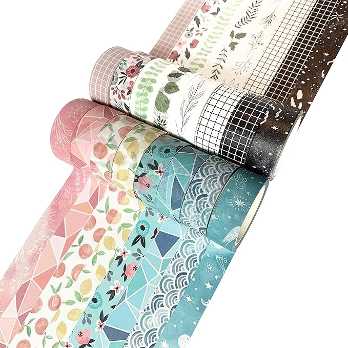 zynshe washi tape set of 16 rolls of 15 mm wide cute decorative washi tape for journaling, scrapbook, washy crafts, bullet journals, planners, diy décor, gift wrapping, craft supplies (serenity)